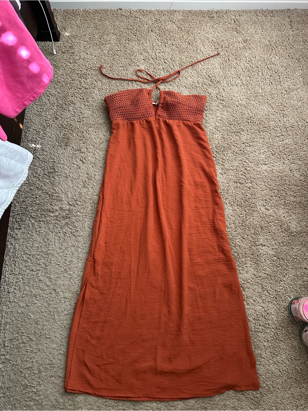 No Boundaries Rust Crochet-Top Halter Maxi Dress